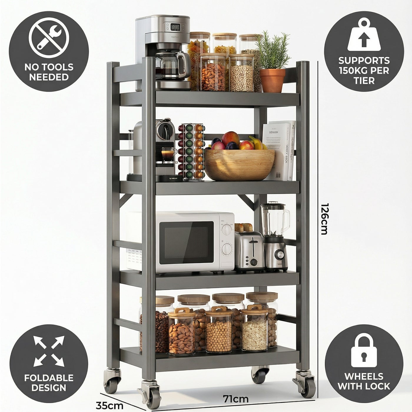 Heavy Duty 4-Tier Kitchen Storage Rack with Wheels – Foldable Metal Shelving for Pantry, Garage & Laundry | Large Capacity Organizer